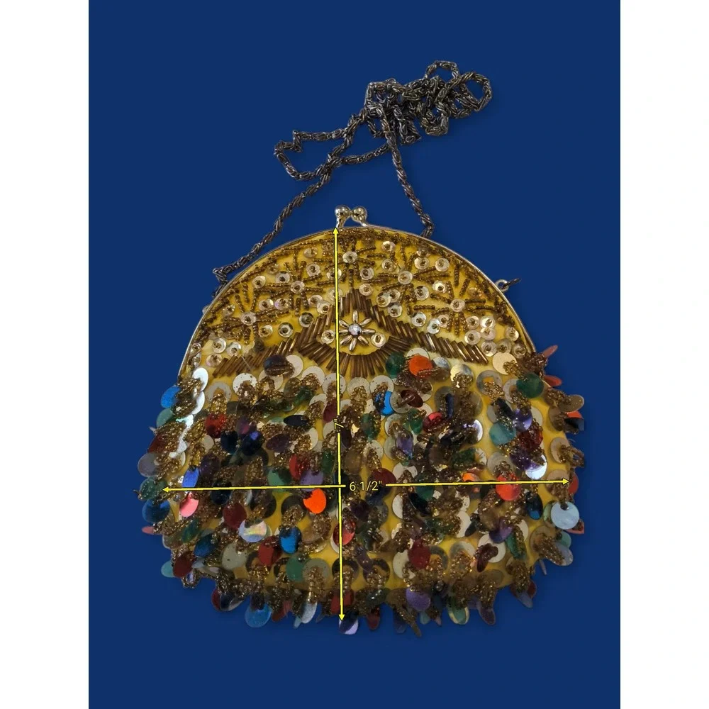 Vintage Beaded Sequin Evening Bag Gold Fringe Kiss Lock Boho Glam - Picture 9 of 10